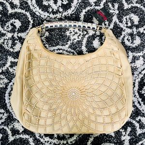 NWT Boutique rhinestone flower purse bag tan NEW